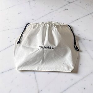 Authentic CHANEL Cotton Drawstring Pouch in White with Cream Tone